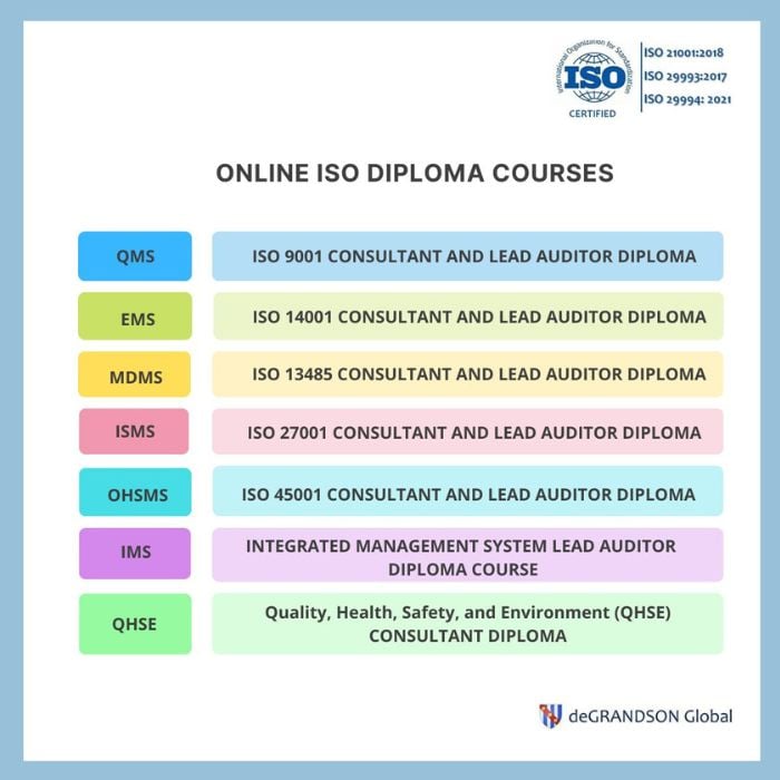 Chart showing the list of ISO Consultant and Lead Auditor Courses that deGRANDSON Global offers online