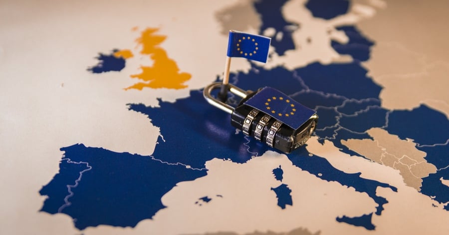Photo of a flag of the European Union attached to a padlock to represent EU GDPR compliance