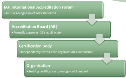 Heirarchial infographic showing who oversees certification and accreditation of organizations