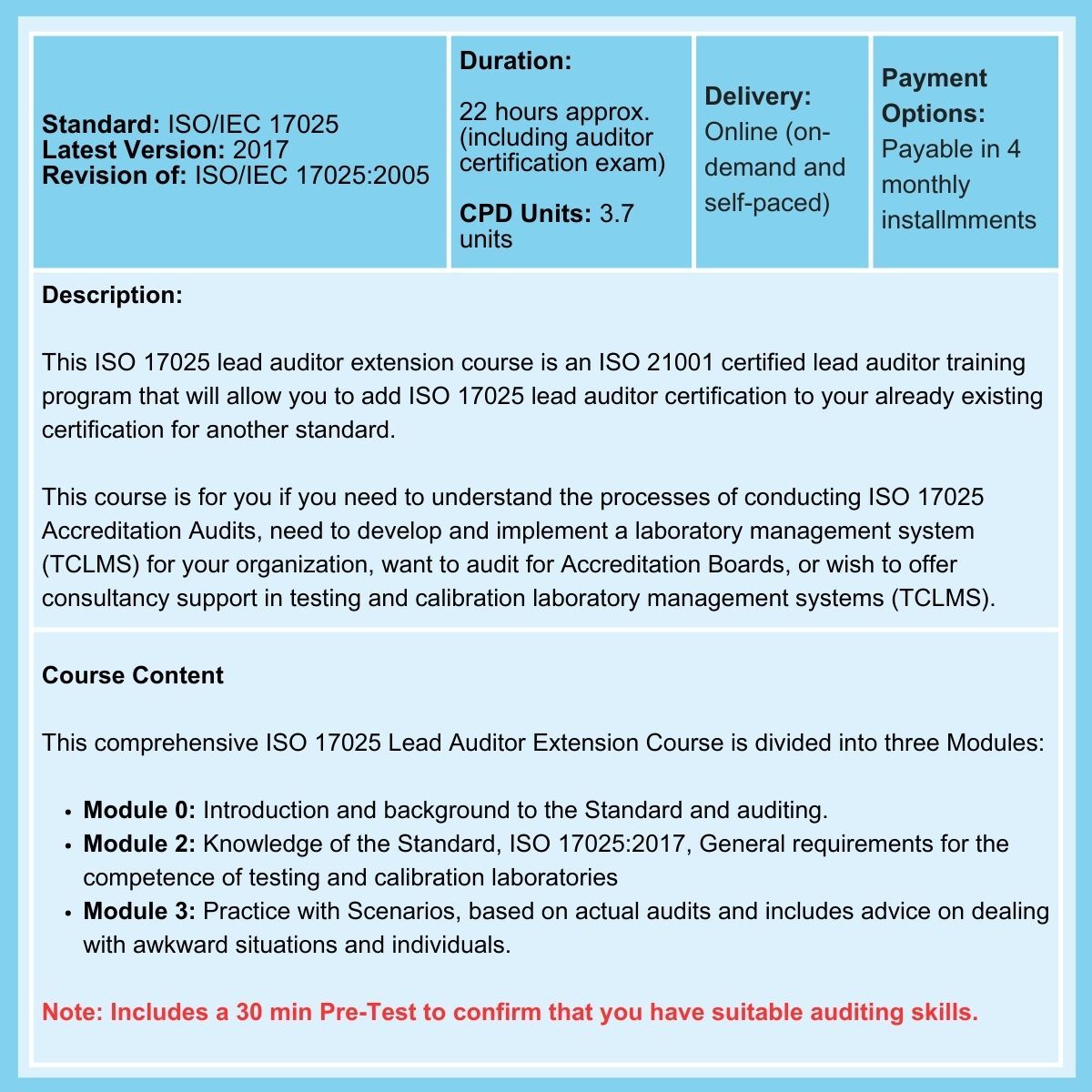 ISO 17025 Lead Auditor Extension Course summary