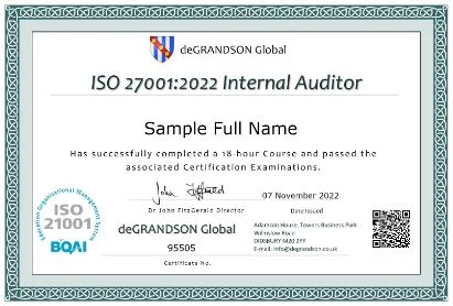 ISO 27001 Internal Auditor Sample Certificate with QR Code