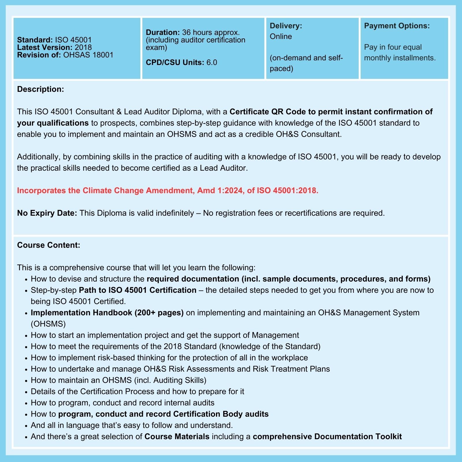 ISO 45001 Consultant and Lead Auditor Course summary