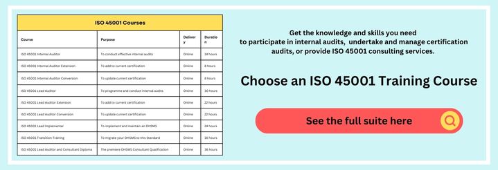 Table thumbnail showing the full list of ISO 45001 training courses that deGRANDSON offers and a button leading to its overview page.