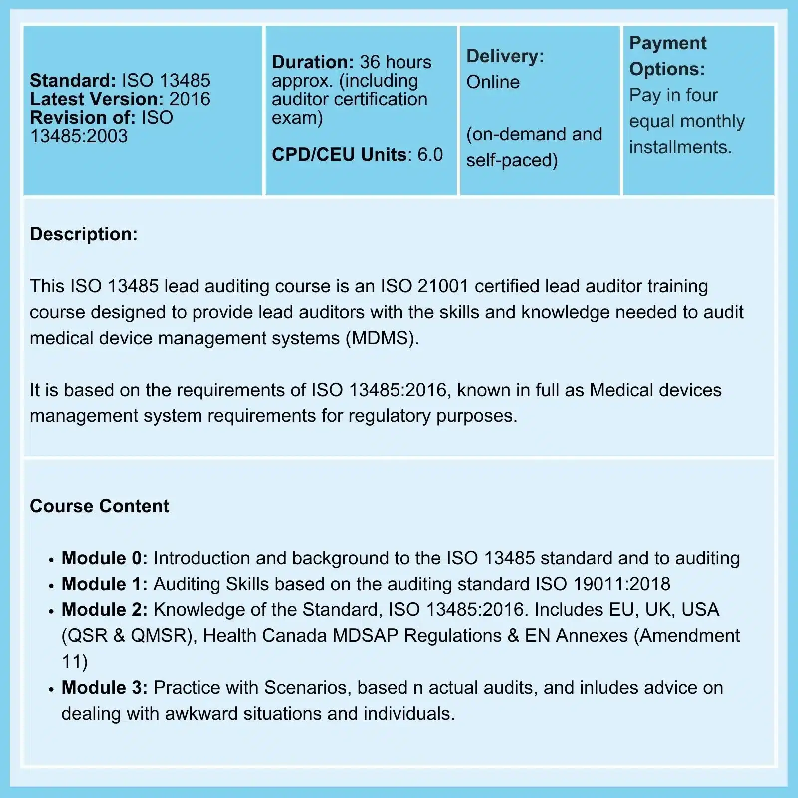 ISO 13485 Lead Auditor Course summary