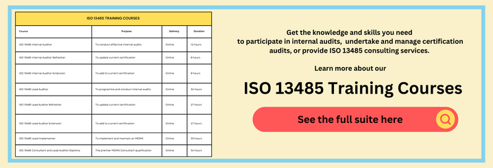 Table thumbnail showing a chart of available ISO 13485 training and certification courses and a button leading to the ISO 13485 courses overview page